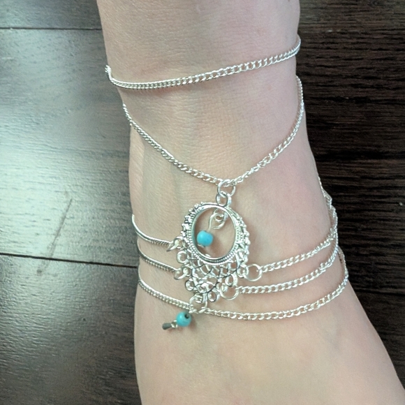 Elegant Silver and Turquoise Layered Ankle Bracelet - Picture 7 of 7